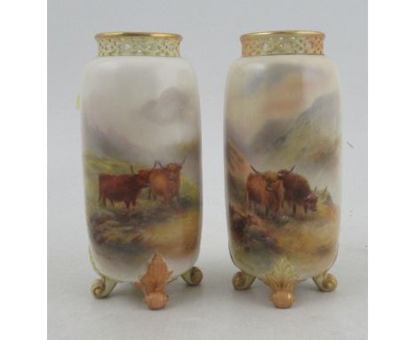 A pair of Royal Worcester vases, with pierced blush ivory rims, decorated with Highland cattle in landscape by H Stinton, sha