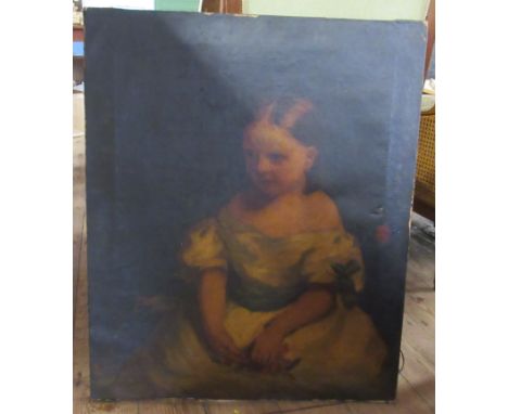 A 19th century school oil on canvas, portrait of a young girl in 18th century dress, unframed, damage to canvas, 32ins x 26in