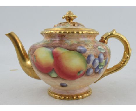 A Royal Worcester tea pot, decorated all round with fruit to a mossy background by LeamanCondition Report:  No damage or rest