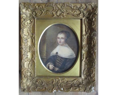 An English school&nbsp; 19th century oval watercolour, portrait of a young woman in 17th century dress, maximum diameter 10in