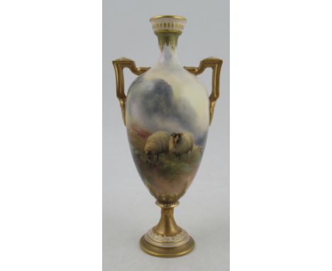 A Royal Worcester pedestal vase, decorated with sheep in landscape by H Davis, shape number H247, height 8.75insCondition Rep