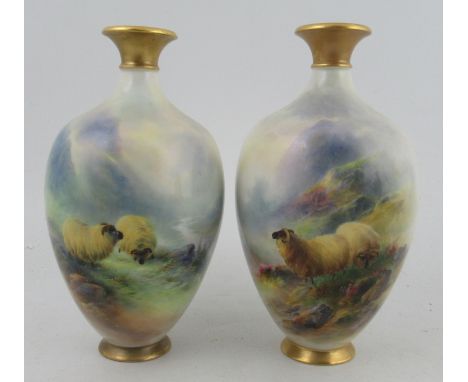 A pair of Royal Worcester vases, decorated with sheep in landscape by H Davis, shape number H294, height 8insCondition Report