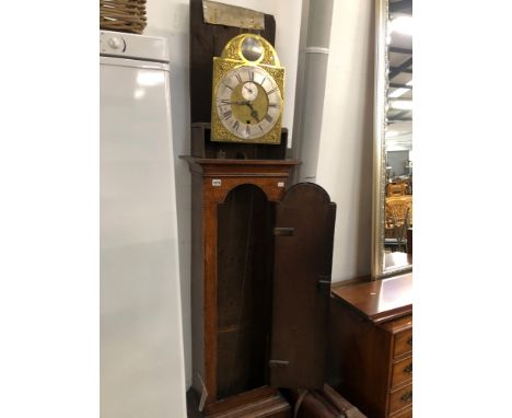 A GEORGIAN OAK CASED LONG CASE GRANDFATHER CLOCK WITH BRASS ARCHED DIAL 