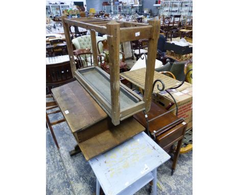 A PINE STICK STAND AND A PAINTED CARD TABLE