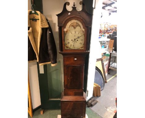A 19th CENTURY EIGHT DAY LONG CASE GRANDFATHER CLOCK WITH PAINTED ARCH DIAL. H 207 W 48 D 23cms