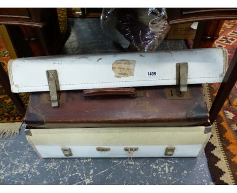 VINTAGE SUITCASES, A FIRESIDE SET, TWO CRUMB TRAYS AND AN ART DECO WALL MIRROR.