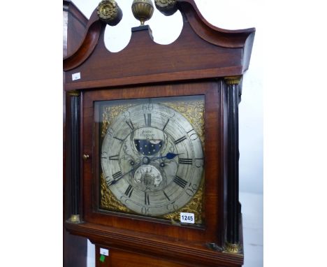 AN 18th CENTURY MAHOGANY CASED EIGHT DAY LONG CASED GRANDFATHER CLOCK WITH BRASS AND SILVERED DIAL SIGNED JOHN HEATON. H 208 