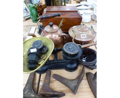A REGENCY TEA CADDY, A LIBERTY AND CO PEWTER TRAY, COPPER KETTLES ETC  