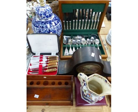 CASED CUTLERY, CLOCKS, A PIPE RACK, A A BLUE AND WHITE JAR/TABLE LAMP, ETC.