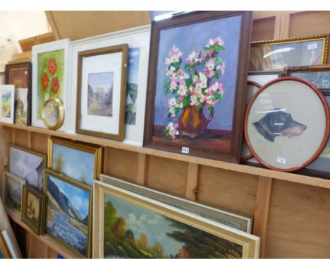 A LARGE COLLECTION OF VINTAGE AND LATER FURNISHING PICTURES INCLUDES LANDSCAPE OIL PAINTINGS, FLORAL STILL LIFES, WATERCOLOUR