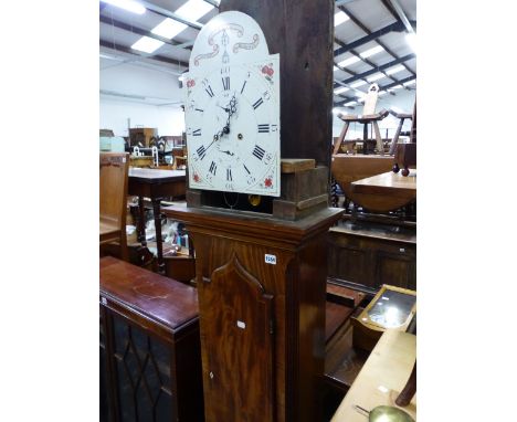 A GEORGIAN MAHOGANY LONG CASED CLOCK WITH EIGHT DAY MOVEMENT AND PAINTED ARCHED DIAL. H 211 W 46 D 25cms 
