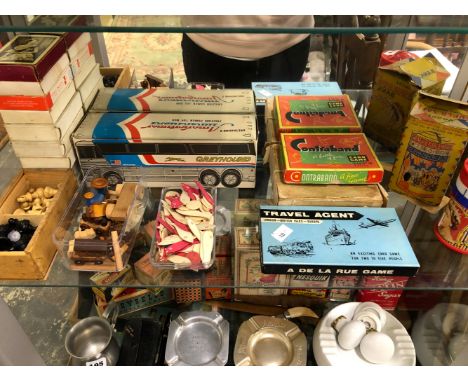 PLAYING CARDS, CARD GAMES, A WOODEN CHESS SET, BONE FISH COUNTERS, A MONEY BOX, ETC
