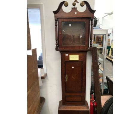 A GEORGIAN OAK CASED LONG CASE GRANDFATHER CLOCK.