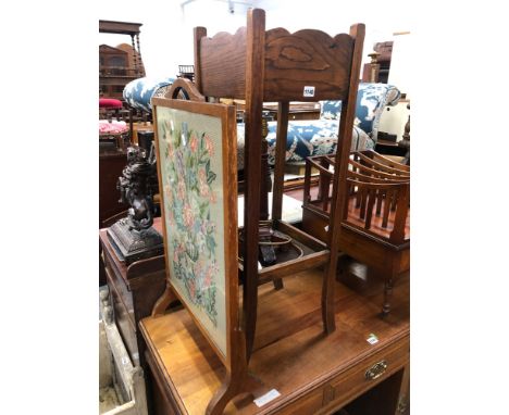 A OAK PLANT STAND,TABLE LAMP AND A FIRE SCREEN