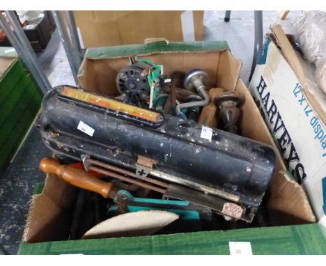 A VINTAGE AUTOMATED CHEQUE WRITER, MISC TOOLS ETC 