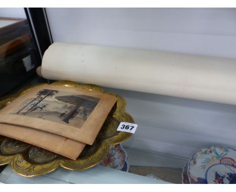 TWO JAPANESE PRINTS, AN EASTERN BRASS TRAY, VINTAGE SCROLLS ETC.