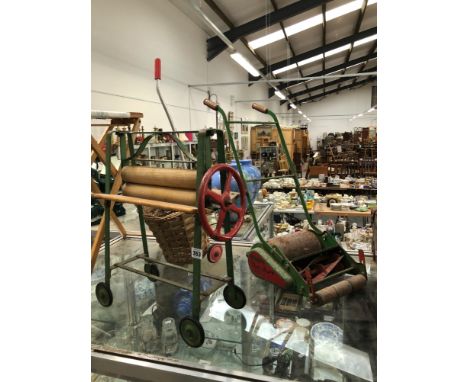 A VINTAGE WEBBS MINIATURE LAWN MOWER, TOY MANGLE, IRONING BOARD, SHOPPING TROLLEY ETC.