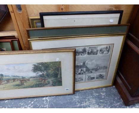 ARTHUR LUMLEY (20th CENTURY ENGLISH SCHOOL) A RURAL HARVEST LANDSCAPE, SIGNED, WATERCOLOUR. 35 x 55cms TOGETHER WITH VINTAGE 