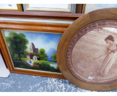 A VINTAGE EARLY 20th CENTURY PRINT OF A WOMAN PICKING FLOWERS. Dia 50cms TOGETHER WITH A MAPLE FRAMED LANDSCAPE PAINTING ON G