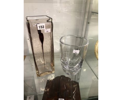 AN ORREFORS CLEAR GLASS VASE WITH A QUATREFOIL BASE.   H 20cms. TOGETHER WITH AN ART GLASS OF SQUARE SECTION