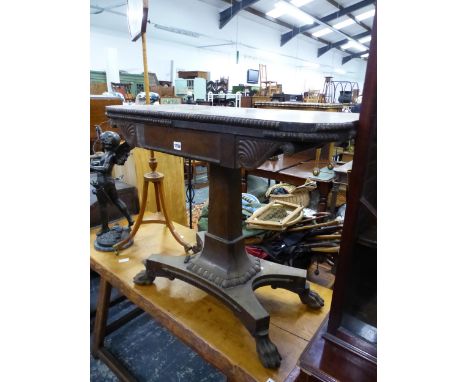 A WILLIAM IV MAHOGANY FOLD OVER CARD TABLE. H 75 W 93 D 46cms