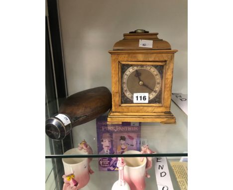 A LEATHER BOUND HIP FLASK TOGETHER WITH A WALNUT CASED COVENTRY MANTLE TIMEPIECE