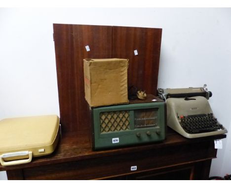 A VINTAGE RADIO, DART BOARD, TYPEWRITERS ETC