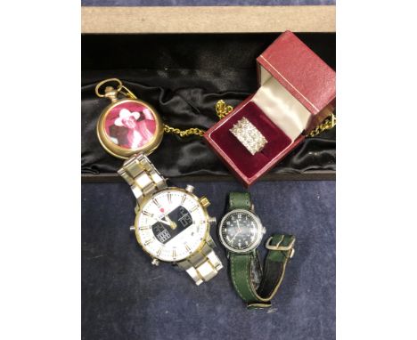 A JOHN WAYNE LIMITED EDITION POCKET WATCH AND CHAIN, A SILVER THREE ROW CZ RING A VINTAGE TIMEX WATCH AND A GENTS LARGE FOXBO