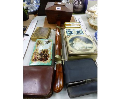 A SMALL TEA CADDY , VINTAGE TINS, A CARVING SET ETC 