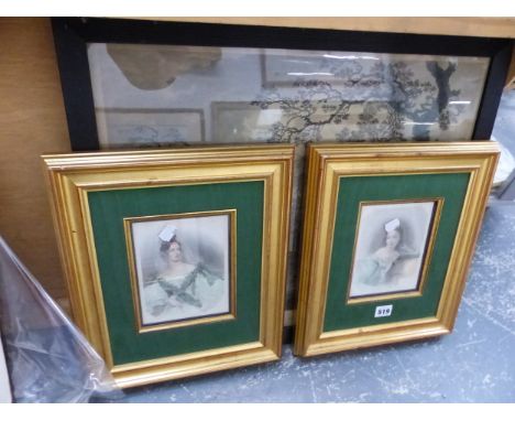 A PEN AND INK ILLUSTRATION OF 'DOSEY DORMOUSE', UNFRAMED. TOGETHER WITH A PAIR OF GILT FRAMED VINTAGE COLOUR PORTRAITS OF LAD