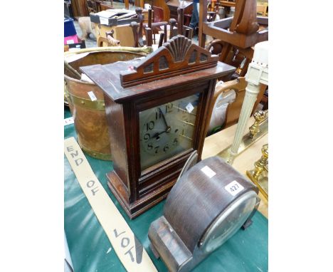 TWO VINTAGE MANTLE CLOCKS AND A COPPER LOG BIN. 