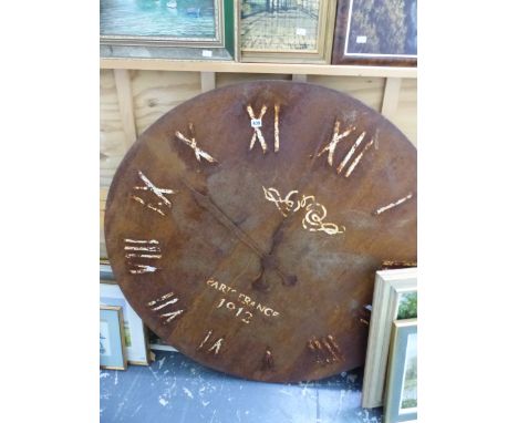 AN UNUSUAL LARGE AND IMPRESSIVE METAL CLOCK FACE ORNAMENT WITH PAINTED DECORATION. Dia 123cms