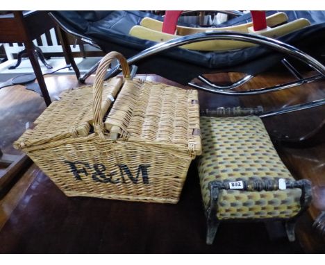 A FORTNUM AND MASON HAMPER AND A FOOTSTOOL