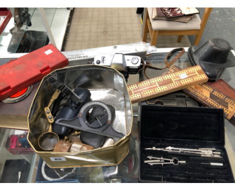A QUANTITY OF ENGINEERING TOOLS, CRIB BOARDS, A CAMERA ETC