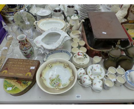 A LARGE VICTORIAN COPPER PAN, AN ART DECO CLOCK, VARIOUS CHINA WARES ETC. 