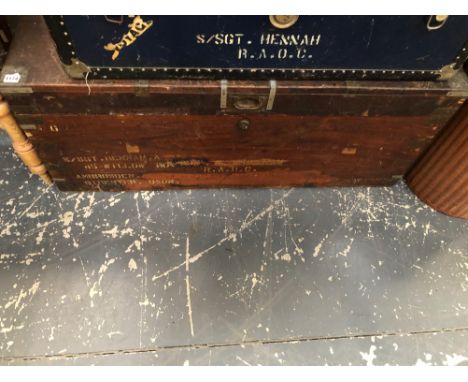 AN ANTIQUE CAMPHOR WOOD BLANKET CHEST/CABIN TRUNK WITH ROYAL ARMY ORDNANCE CORPS ADDRESS 