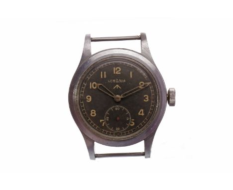 GENTLEMAN'S LEMANIA MILITARY ISSUE STAINLESS STEEL MANUAL WIND WRIST WATCHunsigned movement, the round black dial with Arabic