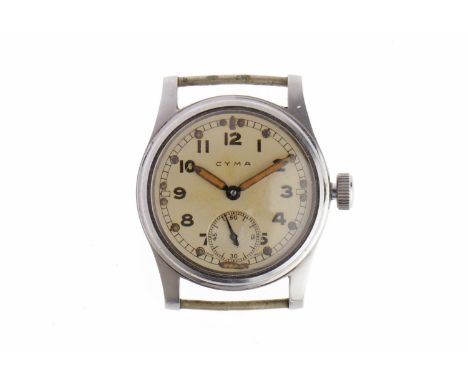 GENTLEMAN'S CYMA MILITARY ISSUE STAINLESS STEEL MANUAL WIND WRIST WATCHsigned 15 jewel movement, the round dial with Arabic n