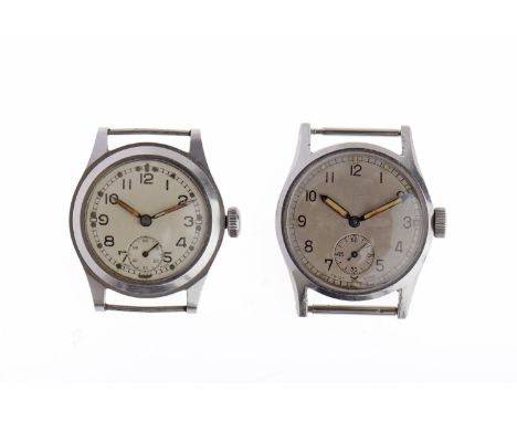 TWO GENTLEMAN'S MILITARY ISSUE STAINLESS STEEL MANUAL WIND WRIST WATCHESone with unsigned 15 jewel movement, the round dial w