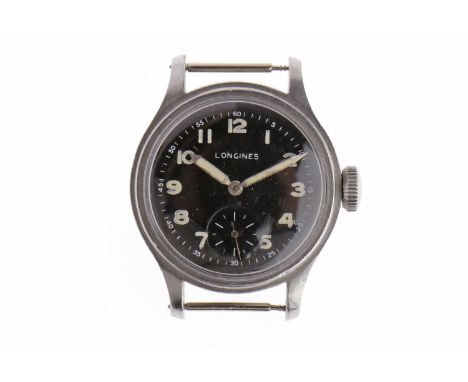 GENTLEMAN'S LONGINES MILITARY ISSUE STAINLESS STEEL MANUAL WIND WRIST WATCHsigned movement numbered 6445342, the round black 