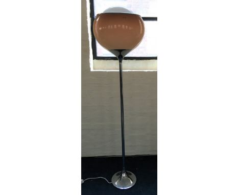 A modern chrome floor standing light fitting with brown shade.