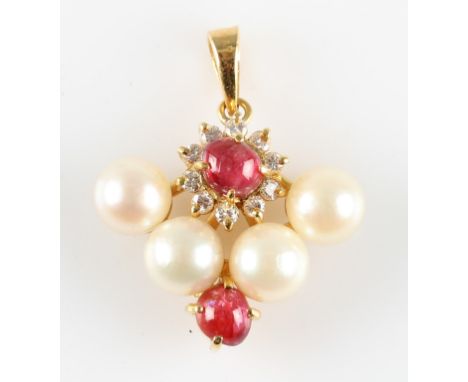 A ruby, diamond and pearl pendant, the triangular design set with two ruby cabochons, one surrounded by a border of round bri