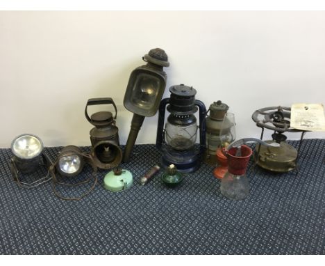 Two carriage lanterns, a Feuerhand lamp, an Everready light, various other gas lamps, torches and bulbs, together with a Valo