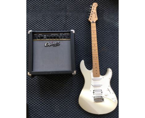A Yamaha Pacifica cream electric guitar, together with a Crusier by Crafter CR-25RG amplifier.