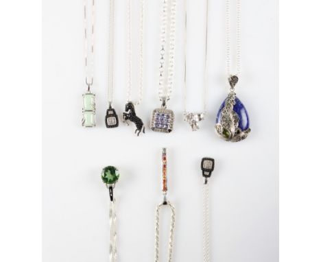 A lot to include nine gemstone set pendants, including jade and rainbow sapphire, with chains, stamped 925.
