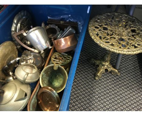 Box of silver, brass, copper, pewter including Victorian swing kettle, small brass table, My Lady and Craftsman pewter kettle