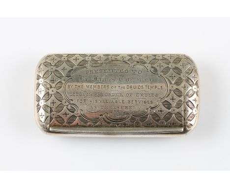 A Victorian silver snuff box, featuring repeat design to body, personal engraving to lid, hallmarked Birmingham 1860, width a