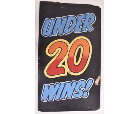 A vintage funfair / fairground / amusement park painted wooden game sign. The sign on black board ground, with blue, orange a