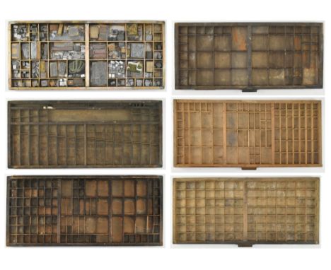 Five vintage mid century circa 1940s-1950s wooden printer's drawers, one complete with print making blocks. Containing variou