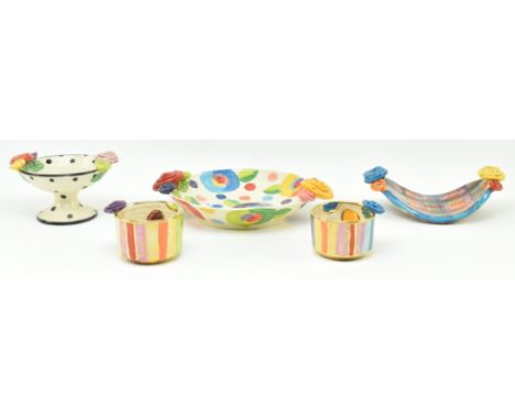 Mary Rose Young - a collection of vintage early 21st century studio pottery ceramic items, all decorated with bright relief r